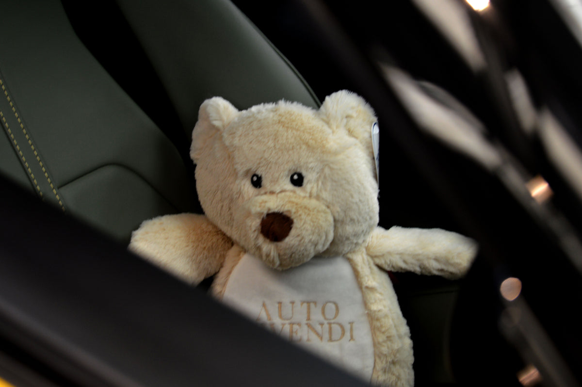 Miles the AV Teddy, strapped into the drivers seat of a Ferrari Roma Spider