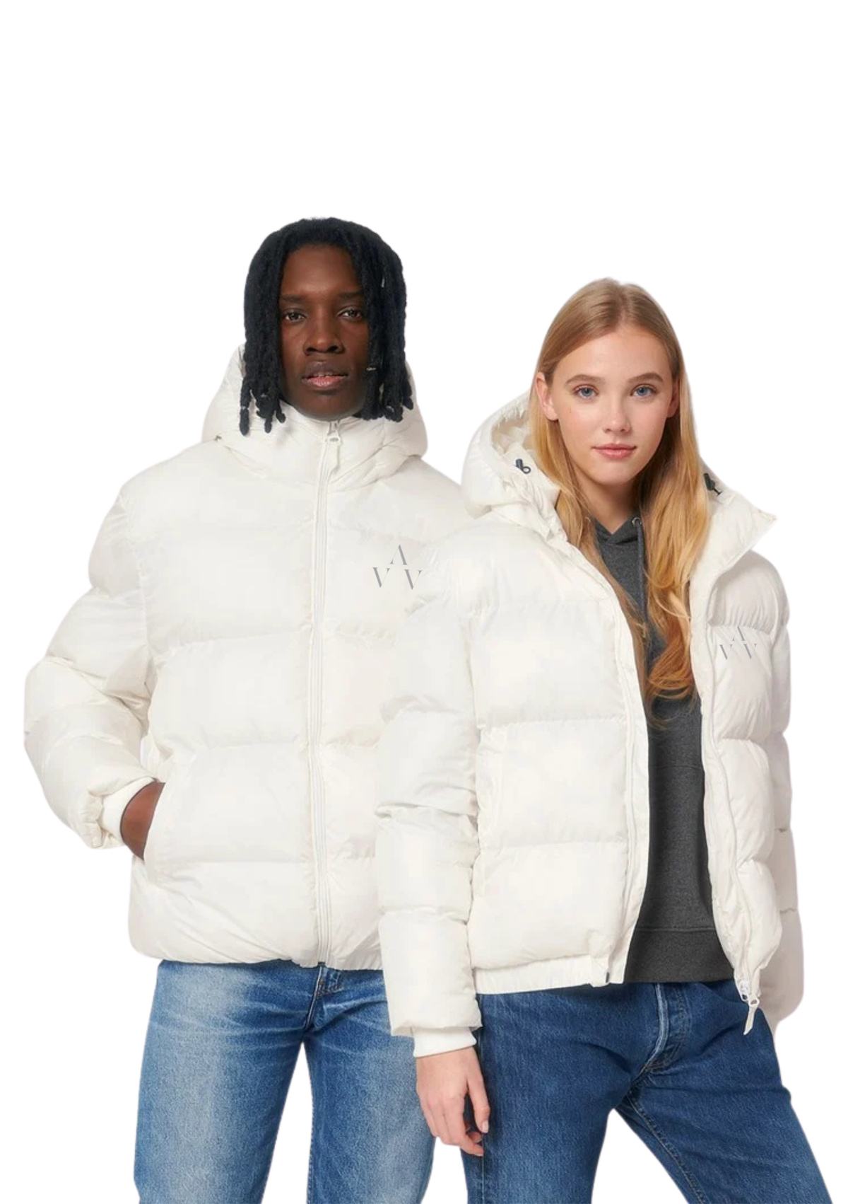 His and hers white winter puffer jacket in white with Green AVV logo embroidered.
